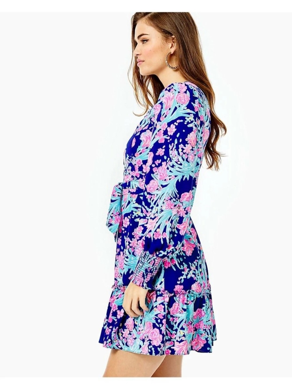 Lilly Pulitzer Navy Floral Wrap Dress with Pink & Aqua Print - Picture 3 of 4